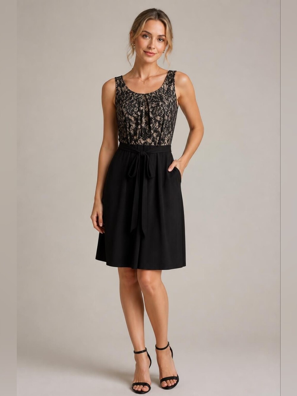 Size 4 Sleeveless Midi Dress with Black Skirt and Contrast Lace Bodice